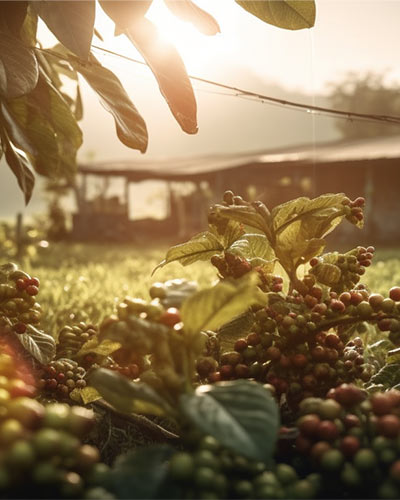 Beautiful photo of coffee beans in foreground during sunrise, with farm in background.