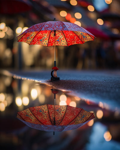 Photo of open umbrella on ground in Japan with beautiful wet reflection.